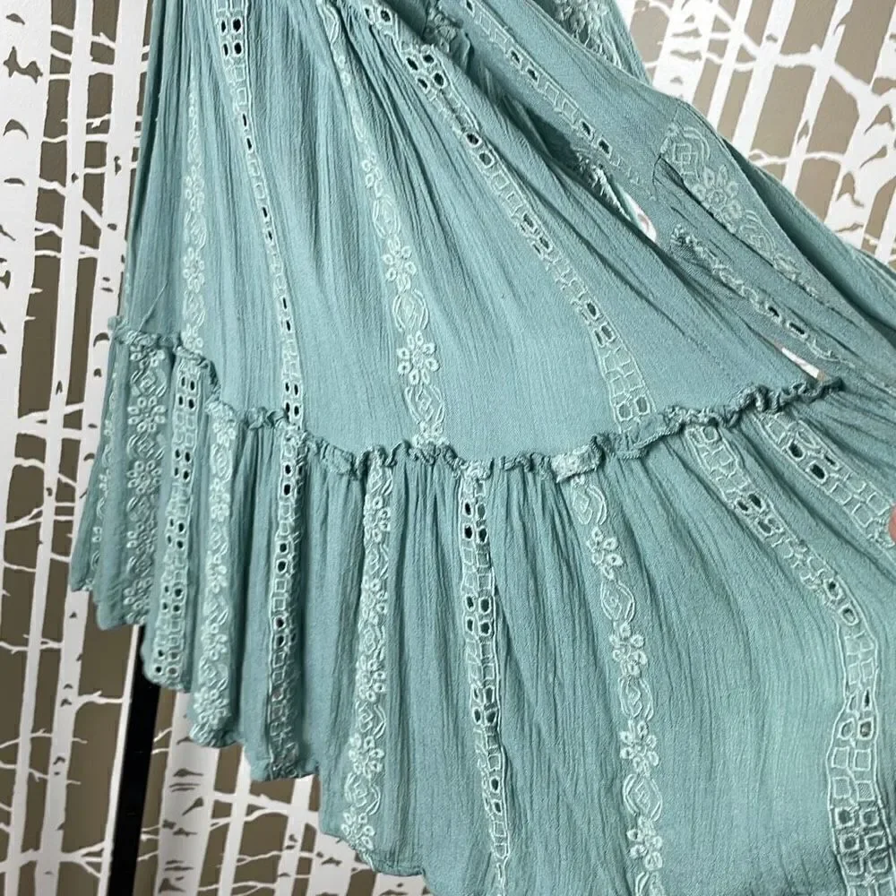 Free People Sage Green Gauze Eyelet Boho Top XS